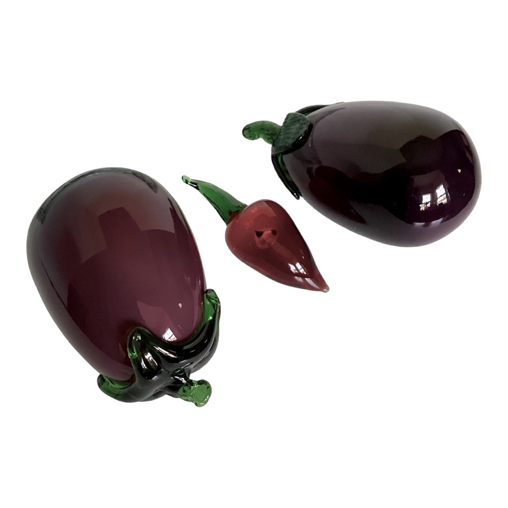 Glass Art Vegetables Purple Eggplant Pair And Jalapeño Pepper Vintage EUC